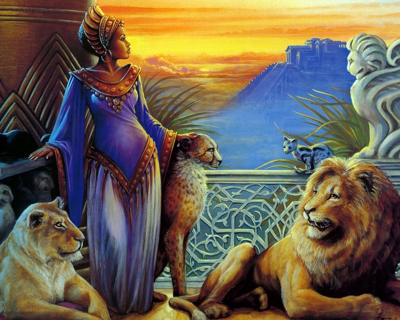 Queen with lions at sunset