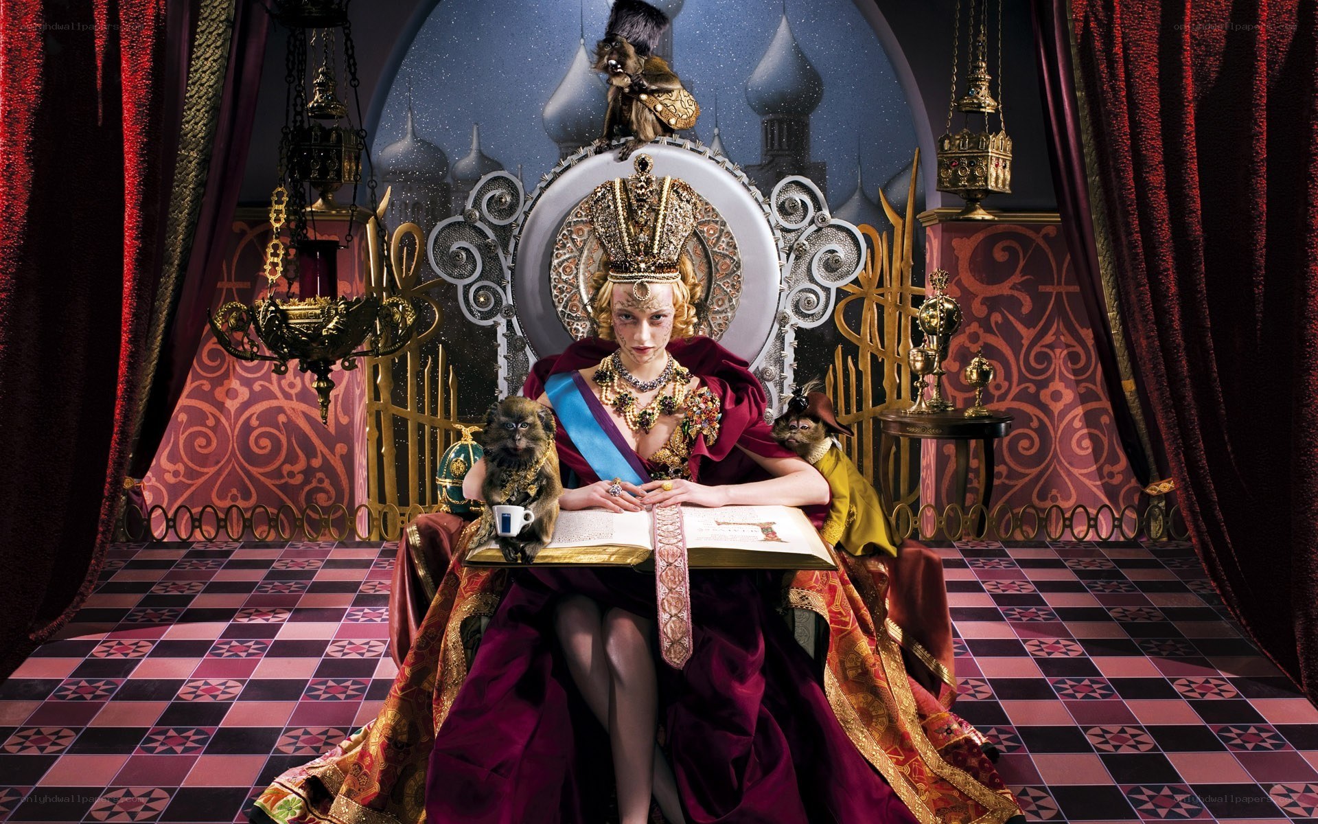 queen with monkeys on throne