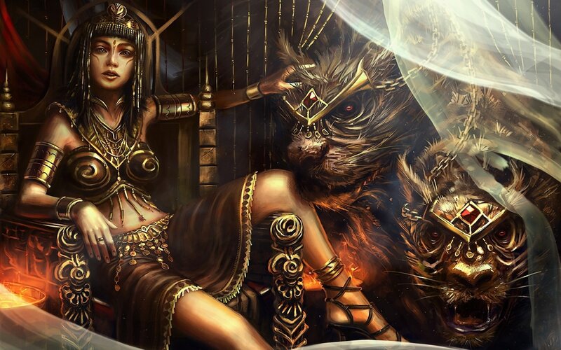queen with mythical beasts