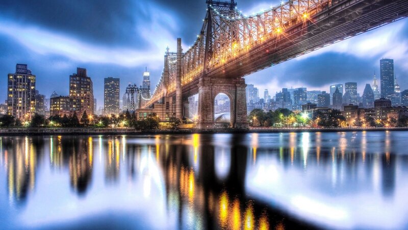 Queensboro Bridge at Night — Blue, Dramatic, Photograph