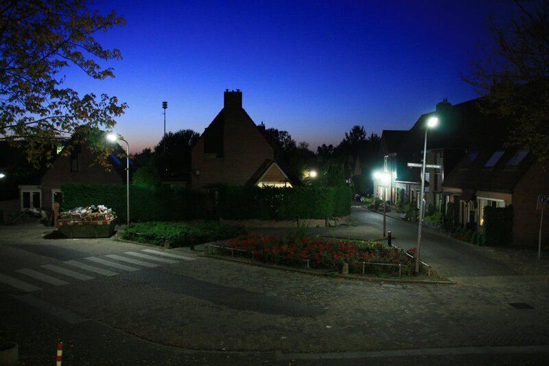 Quiet residential street at dusk