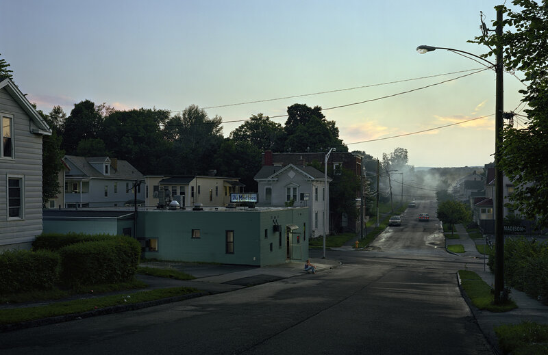 Quiet street at dawn in a small town