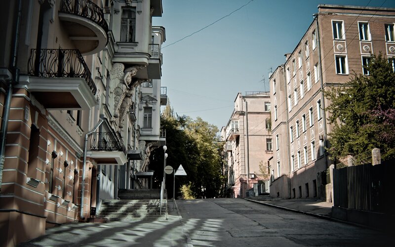 Quiet street with ornate buildings