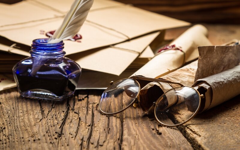 Quill Pen and Ink Bottle — Brown, Dramatic