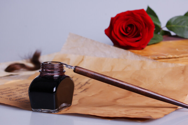 Quill Pen and Ink Bottle — Red
