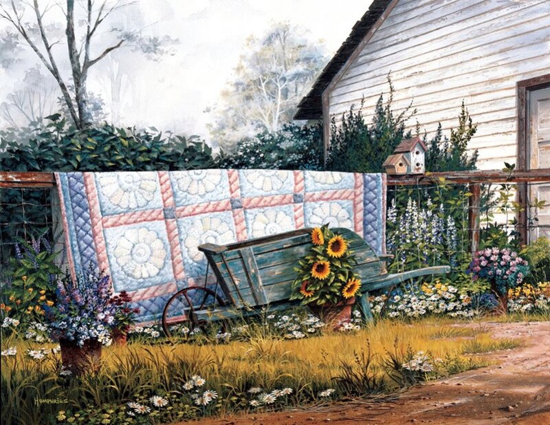 Quilt on Garden Fence — Blue