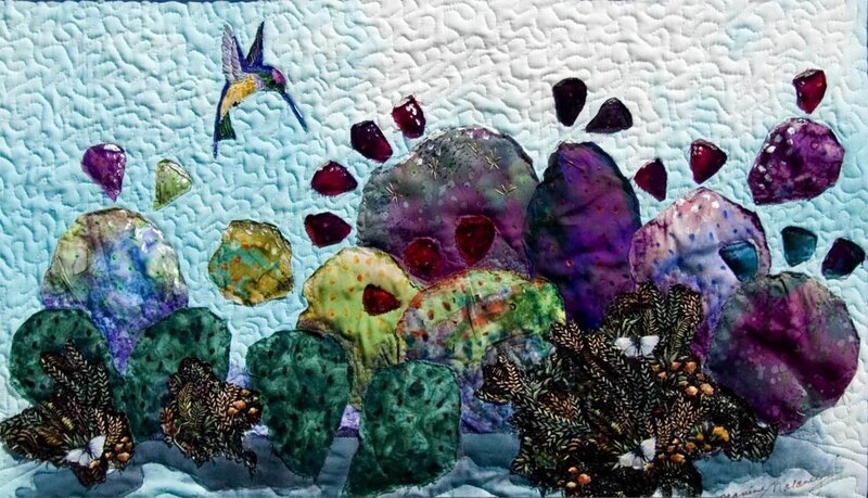 Quilted cactus and hummingbird scene