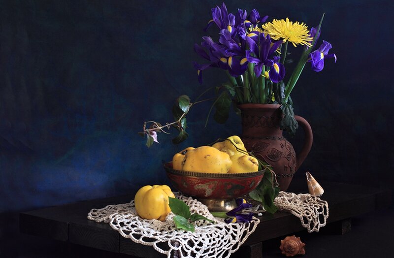 Quinces and Flowers in Bowl