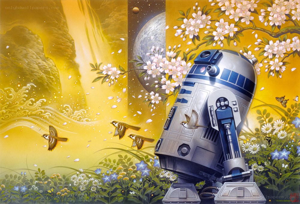 R2-D2 in a cherry blossom garden