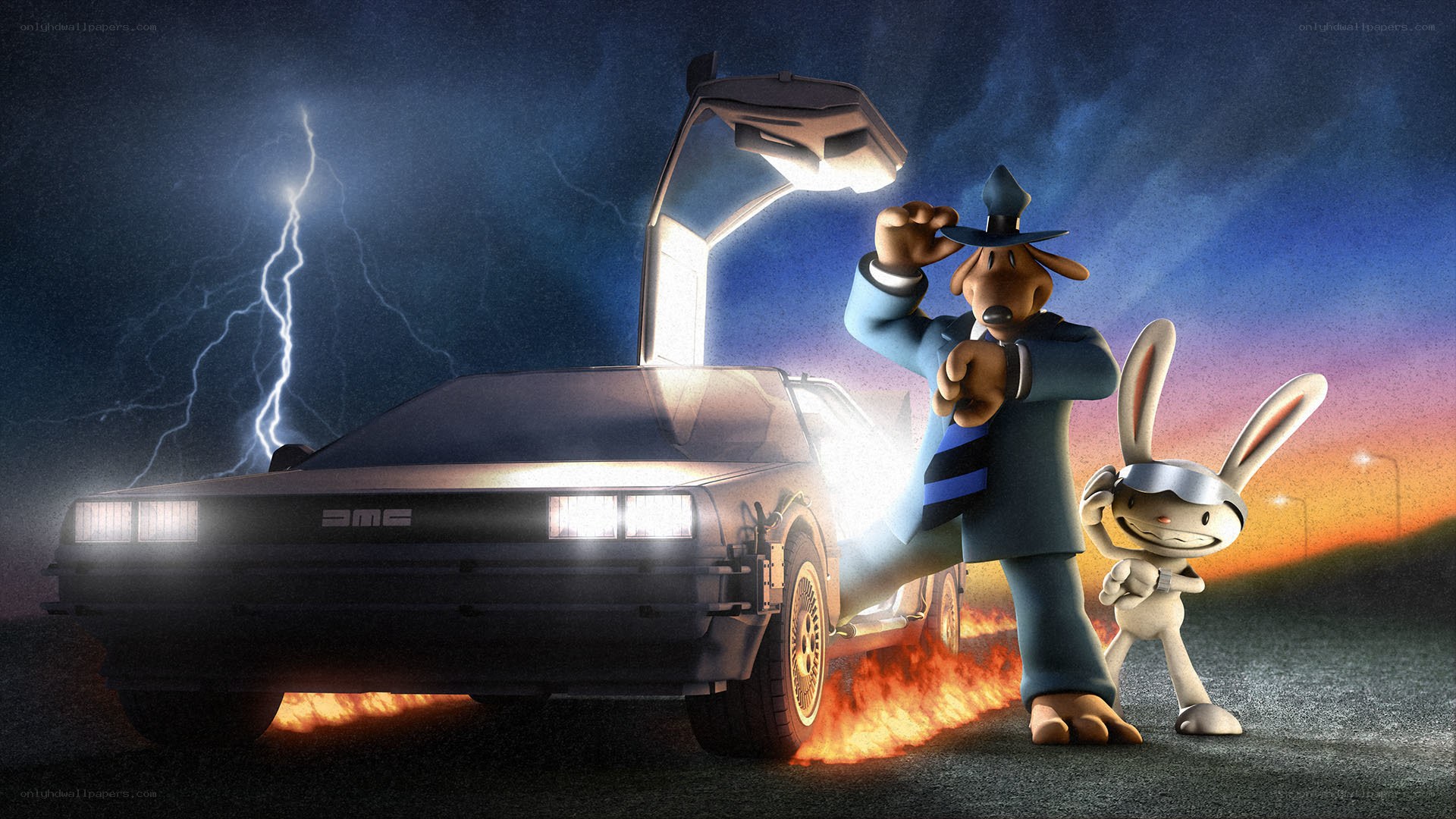 Rabbid and dog in DeLorean