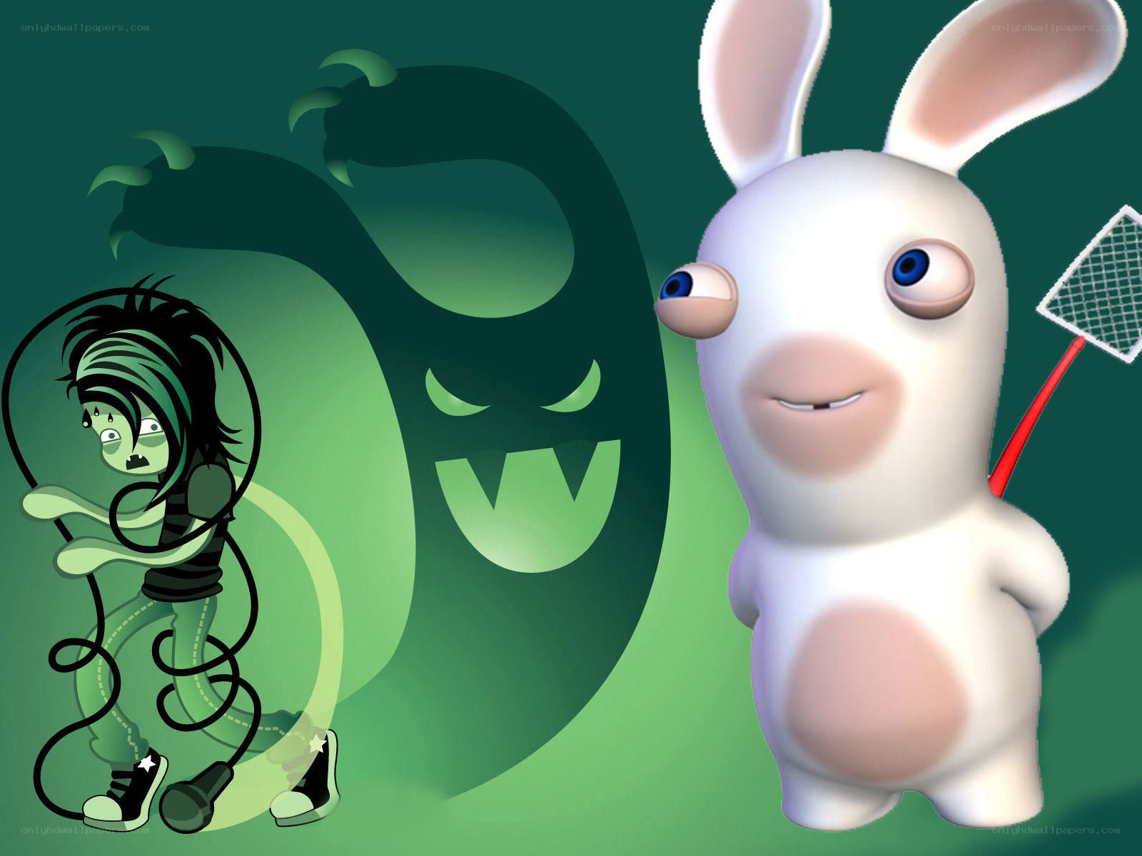 Rabbids and a scared character