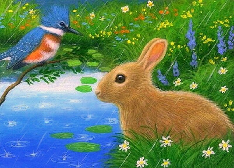 Rabbit and Bird by Pond