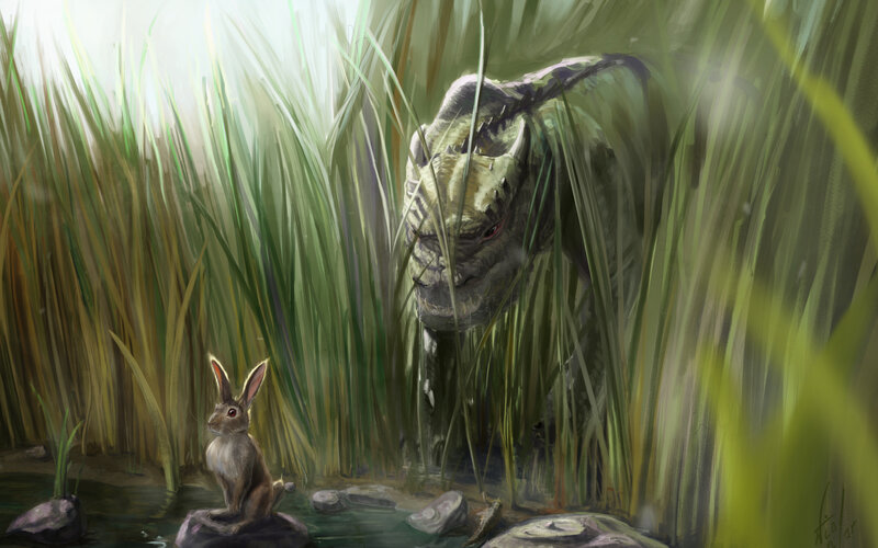 Rabbit and Dragon in Reeds — Green