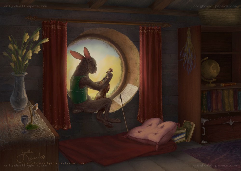 rabbit musician at window