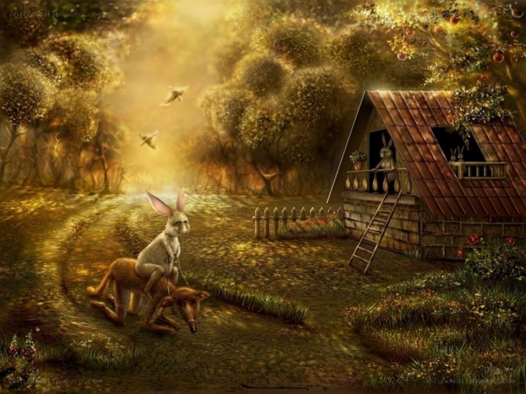 Rabbit on a fox in the forest