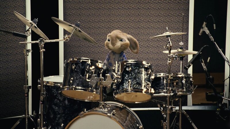 rabbit playing drums in studio