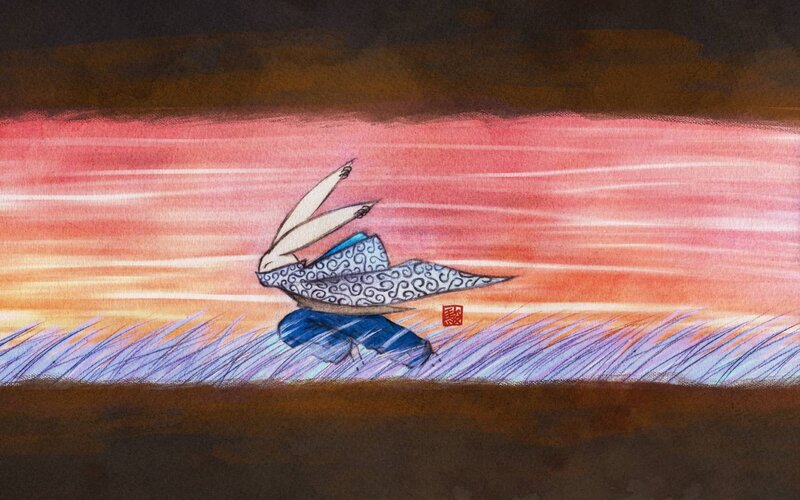 rabbit running at sunset