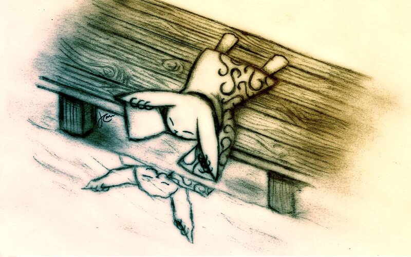 rabbit sleeping on bench