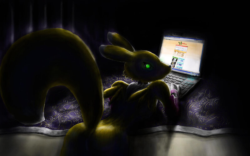 rabbit using laptop at night