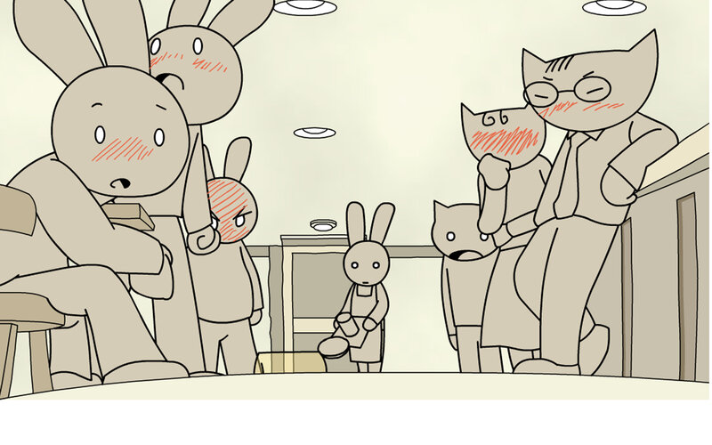 Rabbits and cats in a cafe