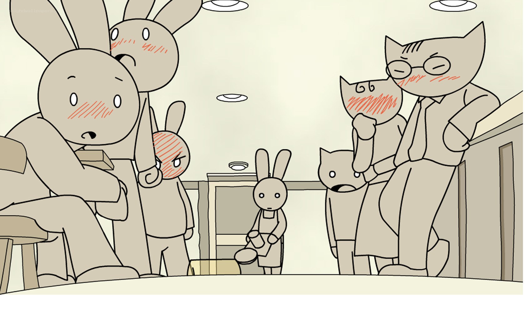 Rabbits and cats in a cafe