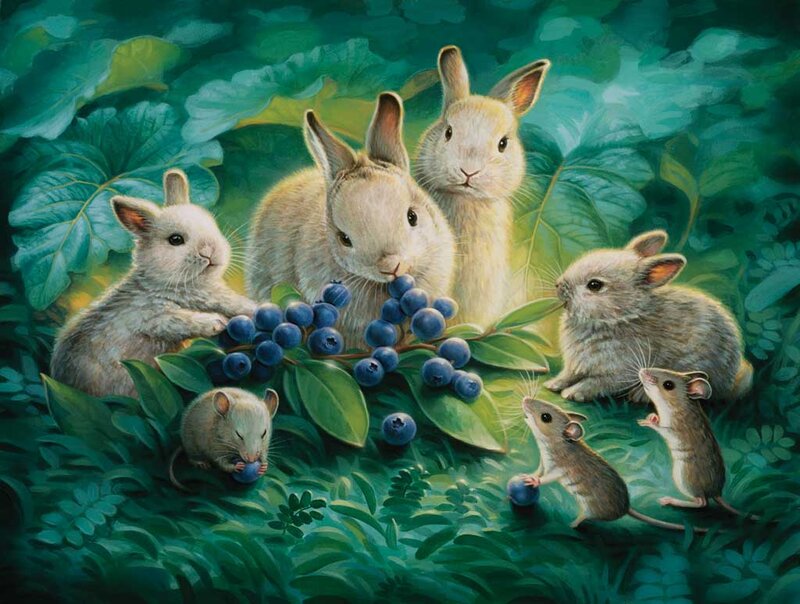 Rabbits and Mice Eating Berries