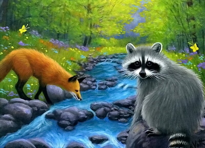 Raccoon and Fox by Stream