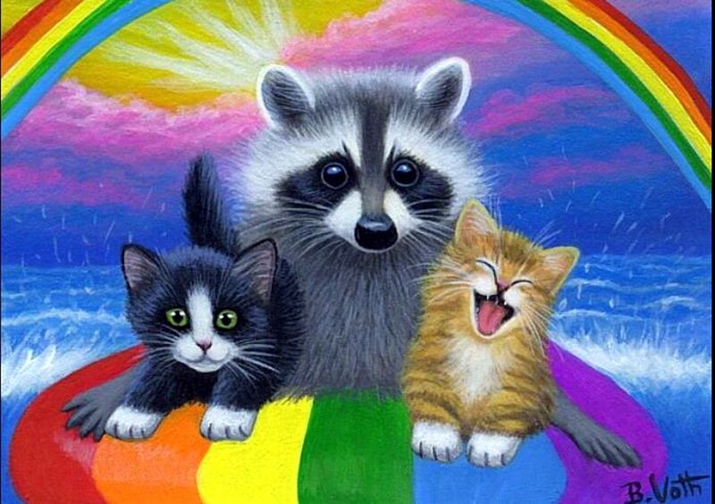 Raccoon and Two Kittens