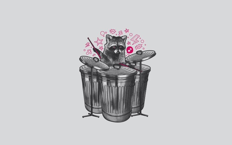 raccoon drummer on trash cans