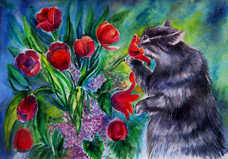Raccoon Eating Tulip