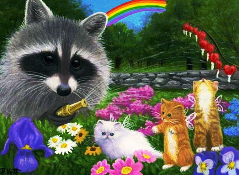 Raccoon with Kittens — Green
