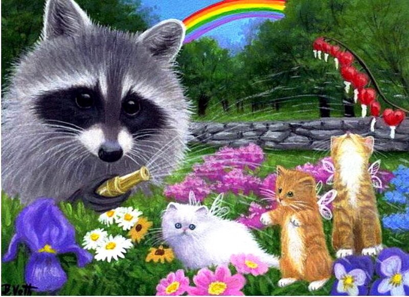 Raccoon with Kittens