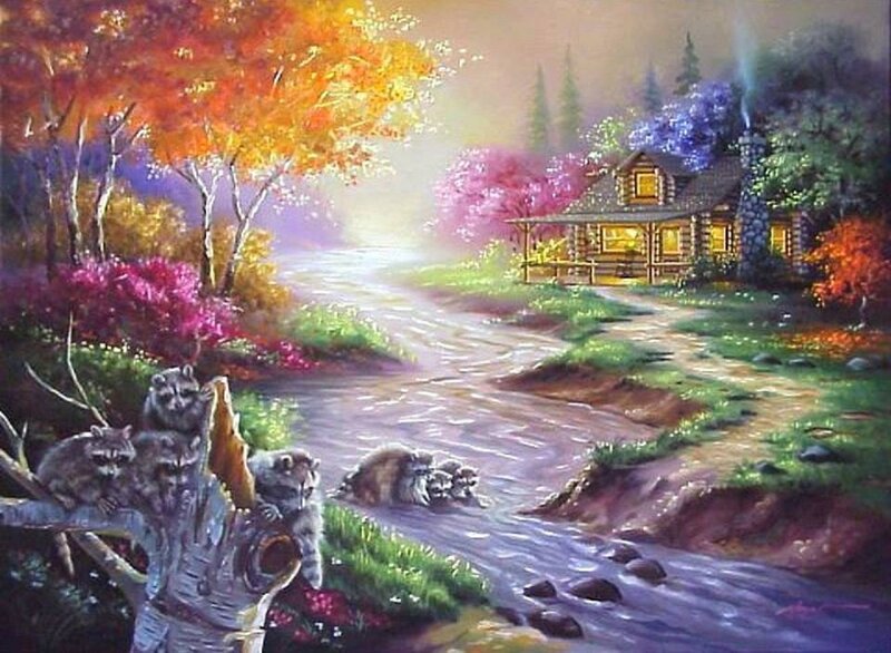 Raccoons by Stream