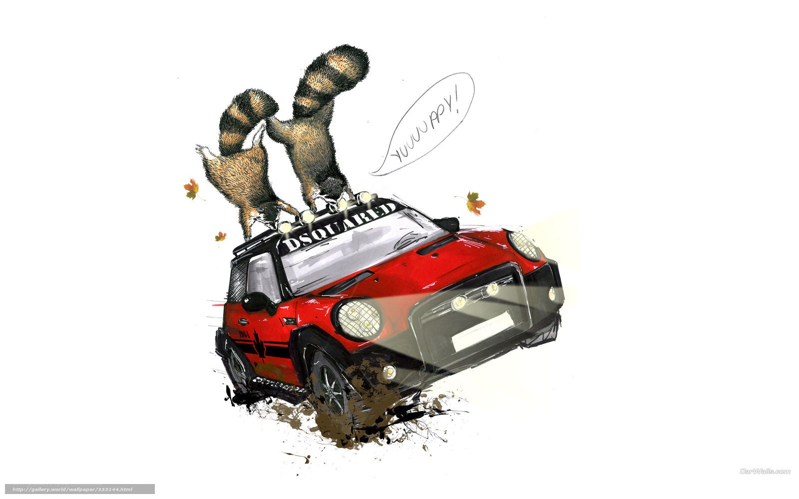 Raccoons on a red car