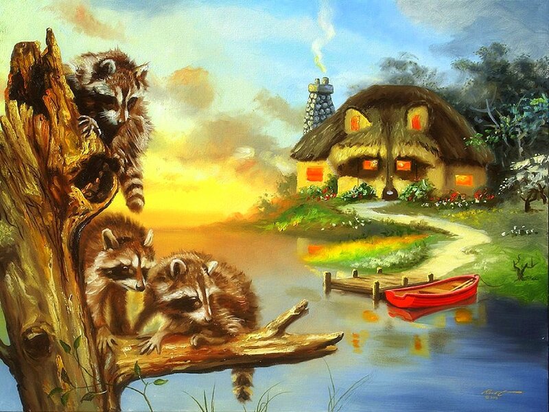 Raccoons on Tree Stump