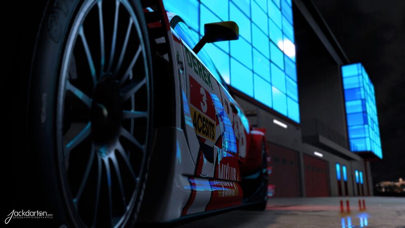 Race car at night with blue lights