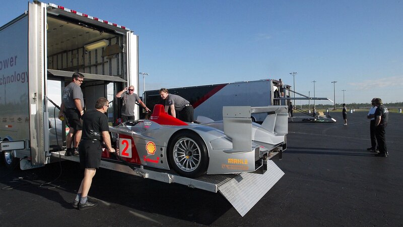 Race car being loaded onto trailer