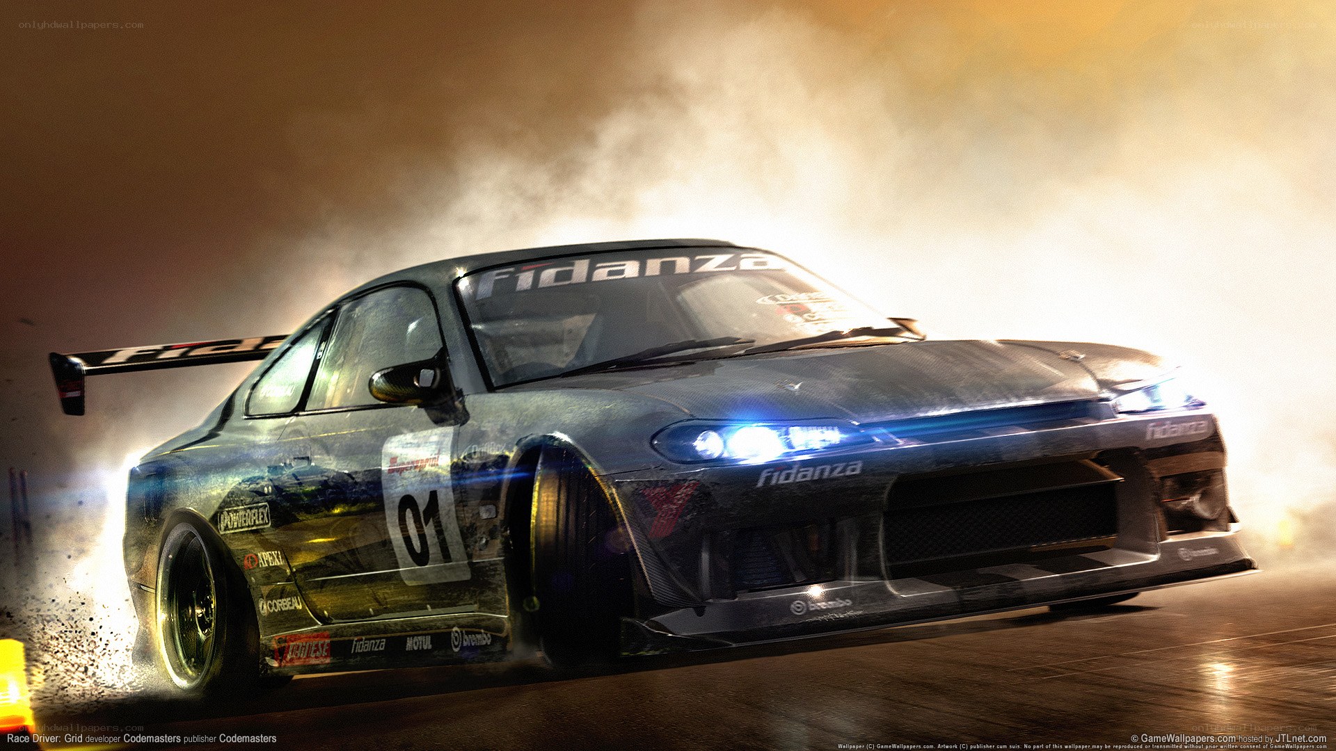 Race car drifting in smoke