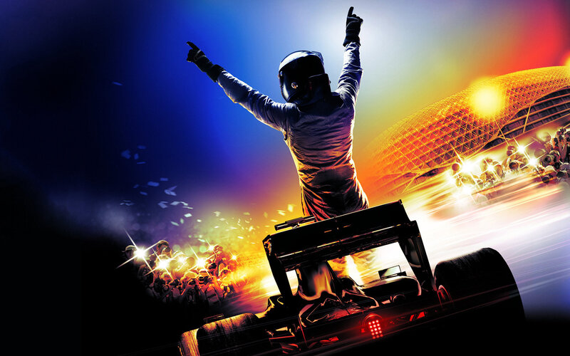 Race Car Driver Celebrating — Blue, Celebratory