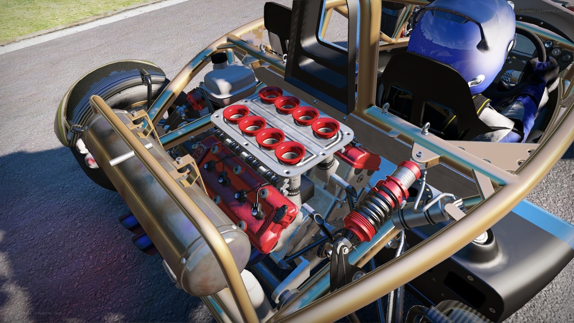 race car engine and cockpit