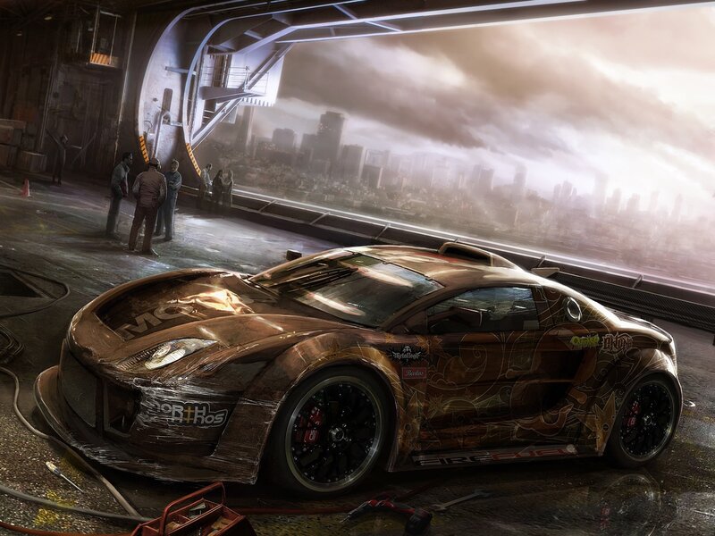 Race car in a futuristic garage