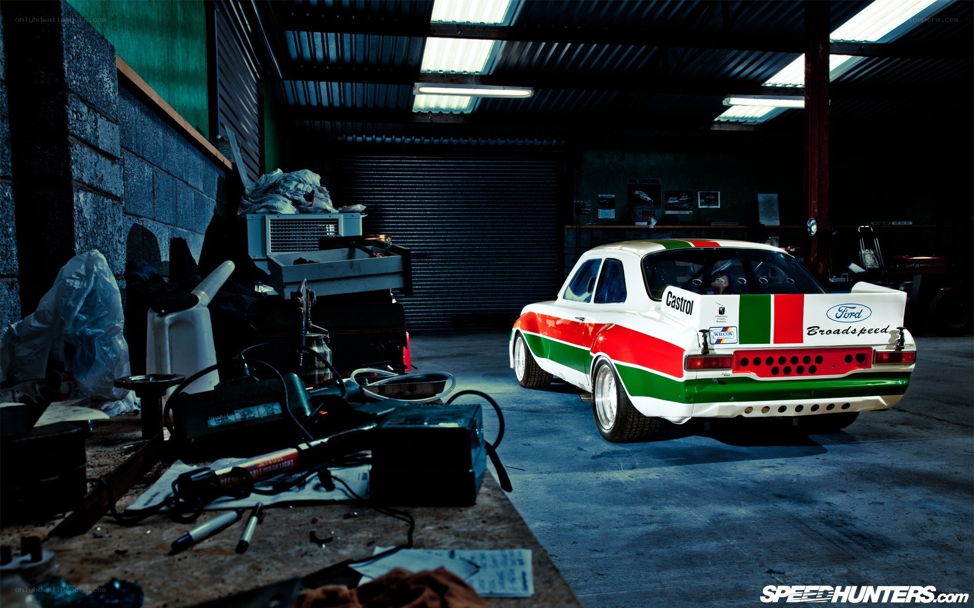 Race car in a garage