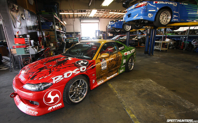 race car in garage