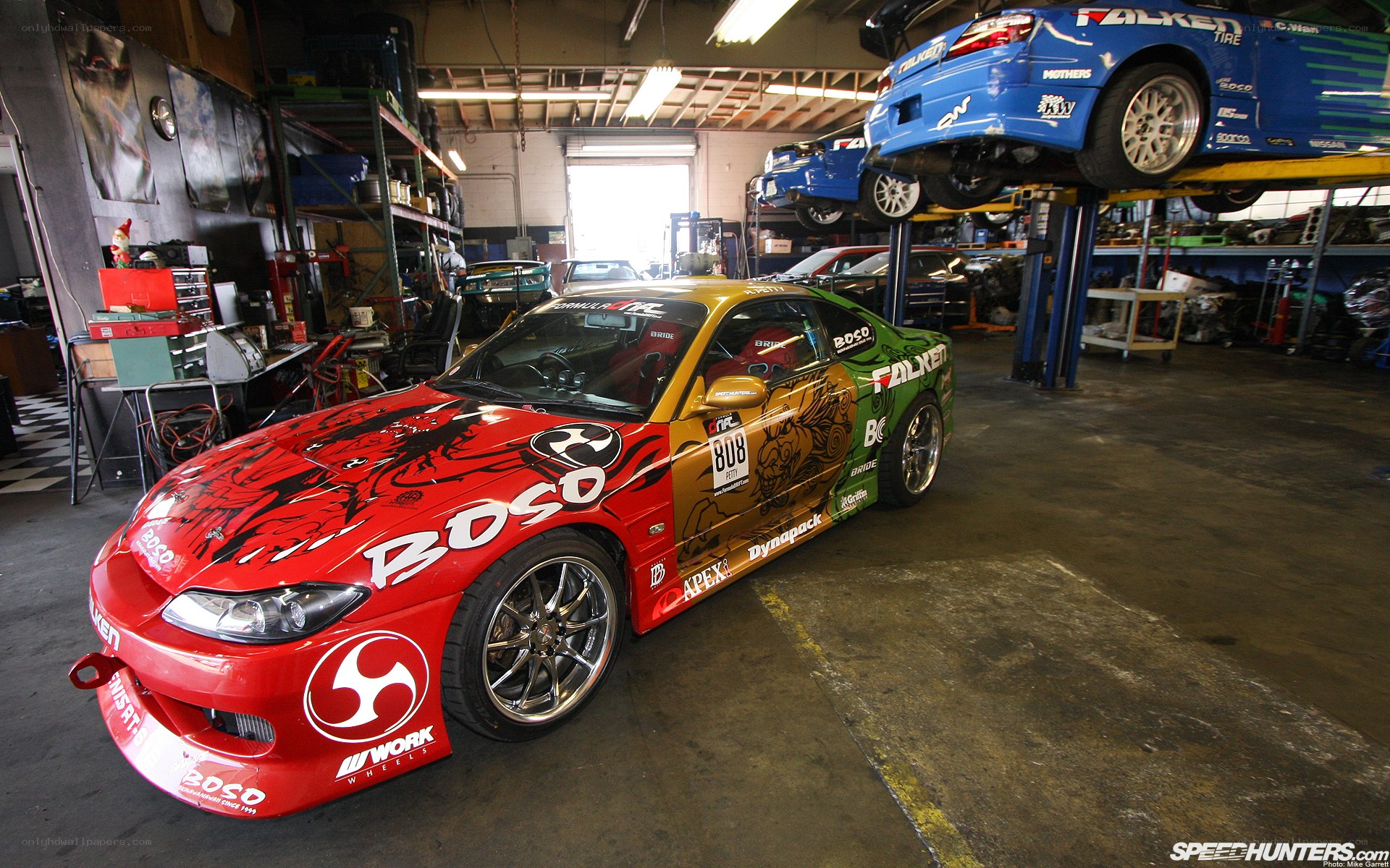 race car in garage