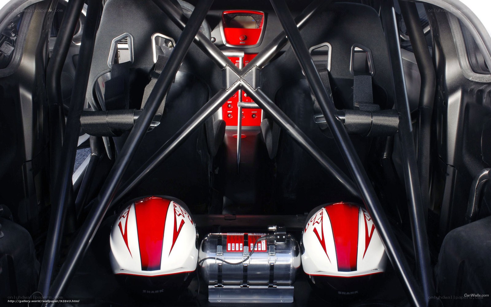 Race car interior with helmets