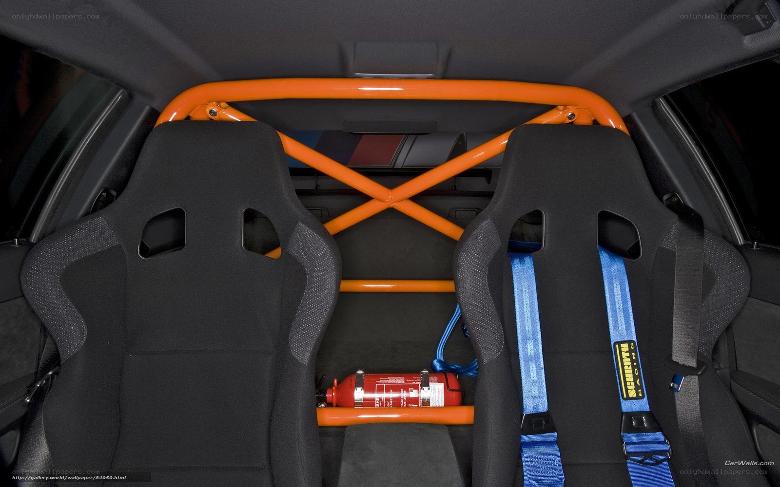 Race car interior with roll cage