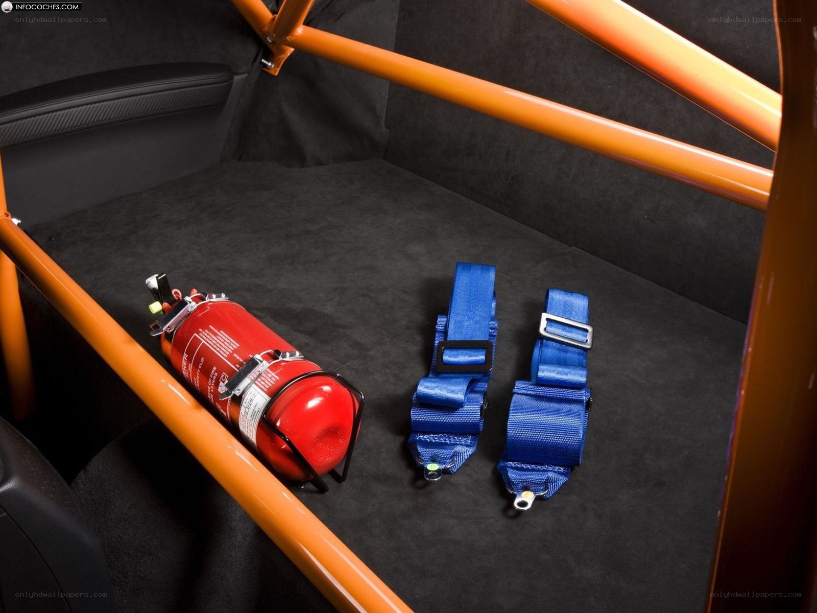 Race car interior with safety gear