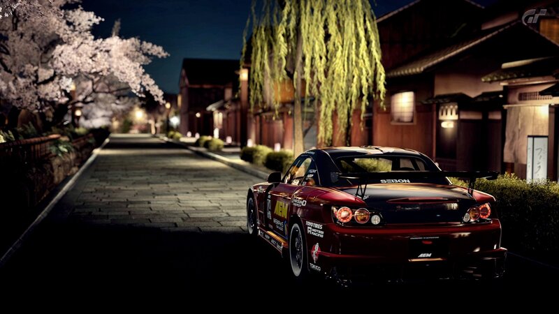 Race car on a cherry blossom street