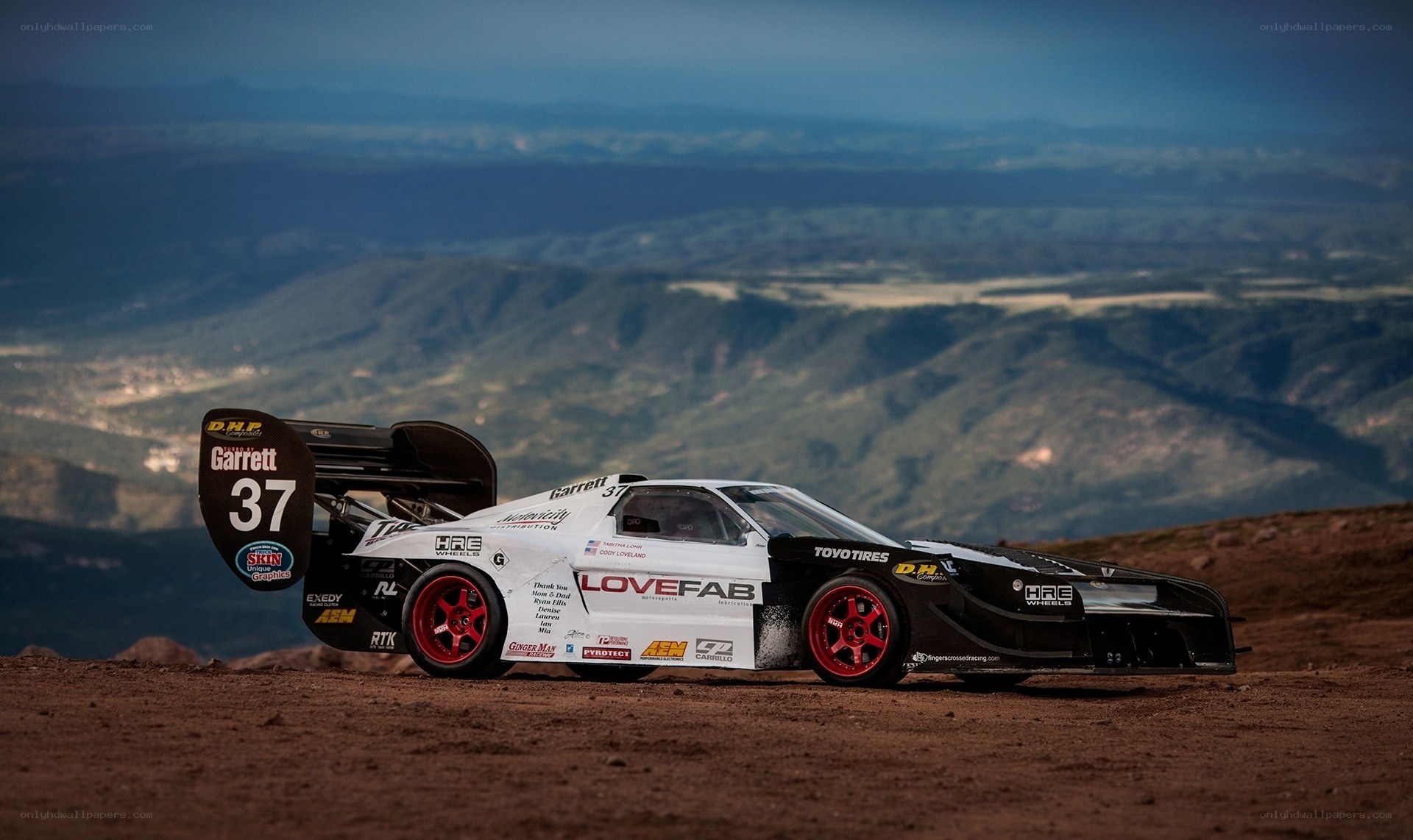 Race car on mountain peak