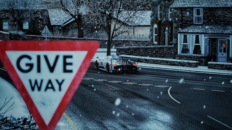 Race Car on Snowy Road — Gray